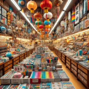 DALL·E 2025-02-09 02.37.01 – Una imagen colorida de una tienda de bazar chino para el hogar, con estanterías llenas de productos variados como utensilios de cocina, decoración, he